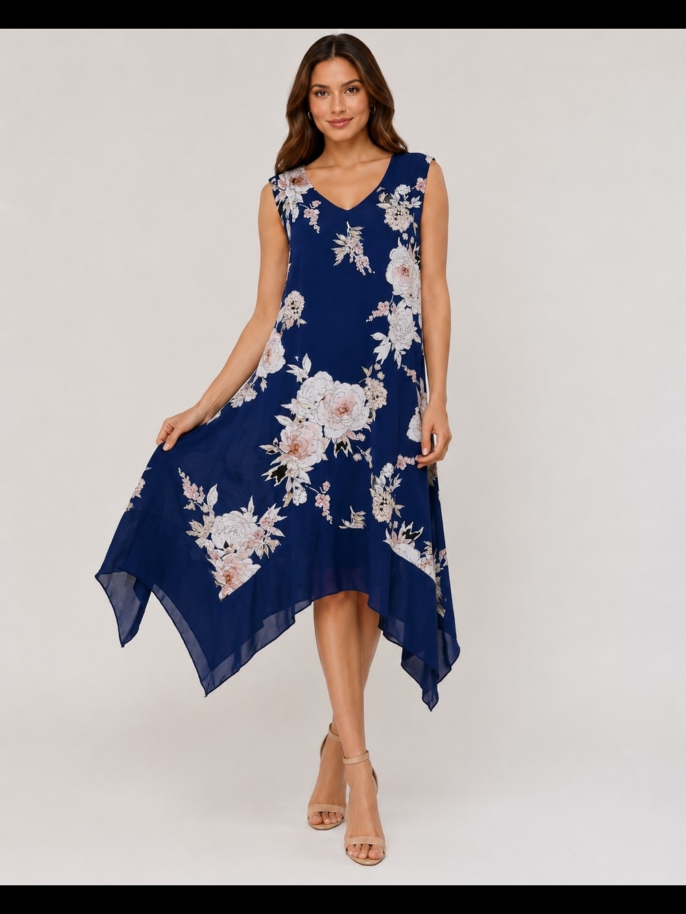 Luxology Womens Sleeveless Navy Floral High-Low Chiffon Midi Dress Size 1X - Picture 2 of 10